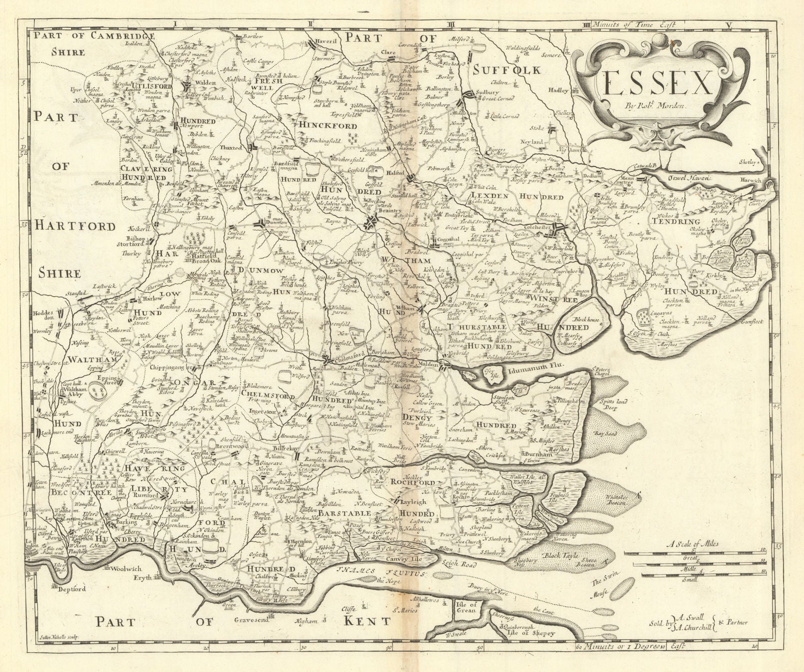 Essex by ROBERT MORDEN from Camden's Britannia 1695 old antique map plan chart